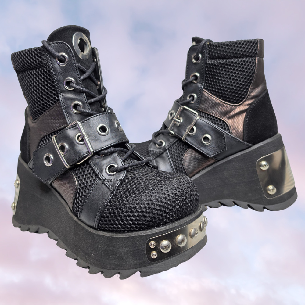 Demonia Black Wedge Platform Grunge Goth Festival Punk Metal Studded Boots 7